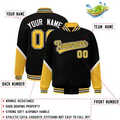 Black Gold Color Block Varsity Letterman Baseball Jacket 2
