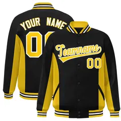 Black Gold Color Block Varsity Letterman Baseball Jacket 1