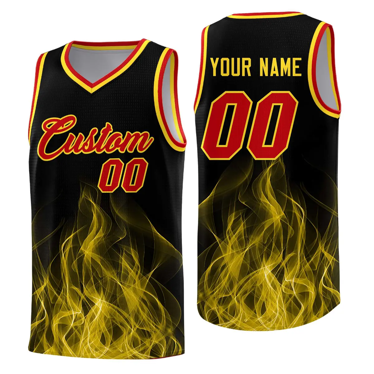 Black Gold Flame Graffiti Pattern Quick-Drying Basketball Jersey