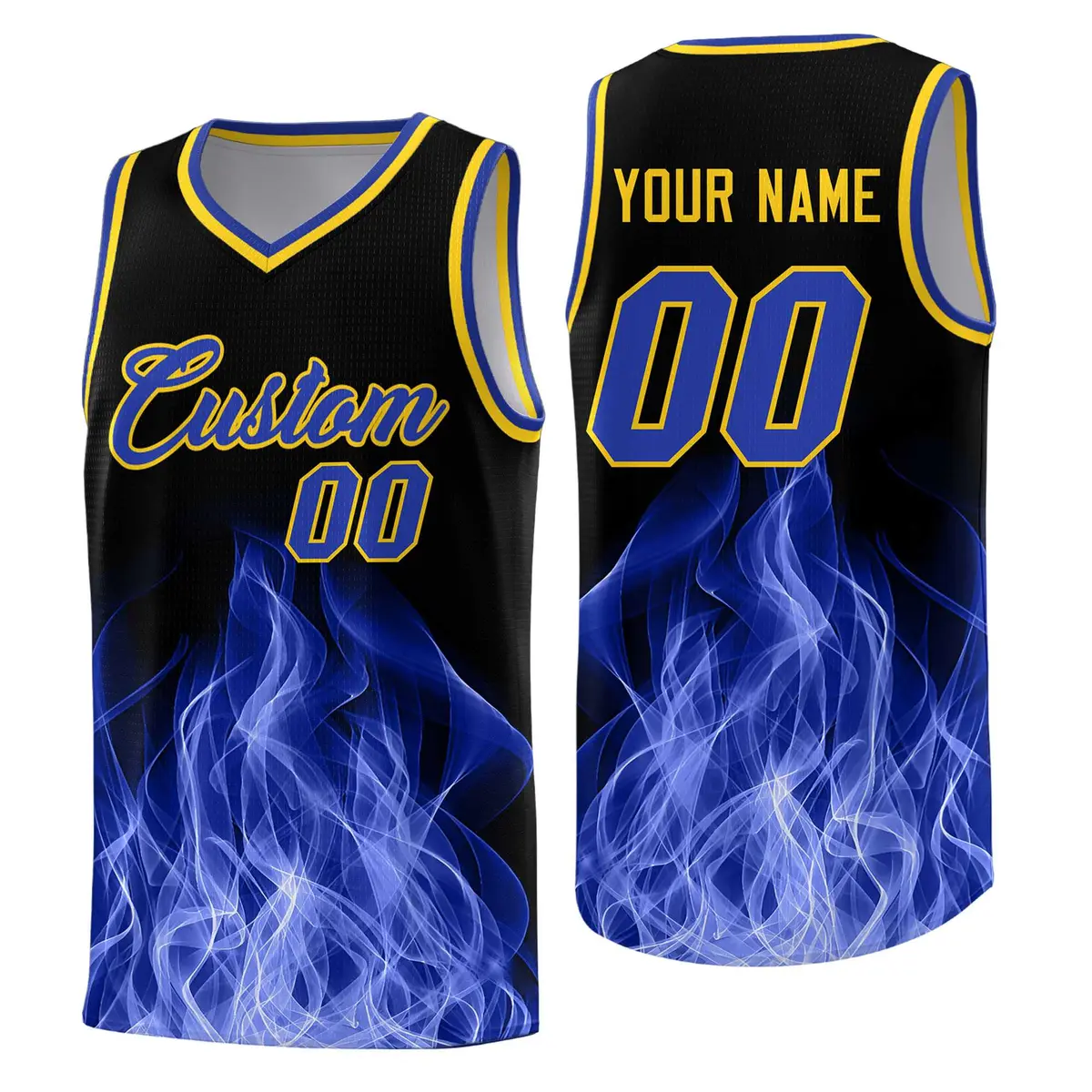 Black Gold Flame Graffiti Wrinkle-Resistant Basketball Jersey