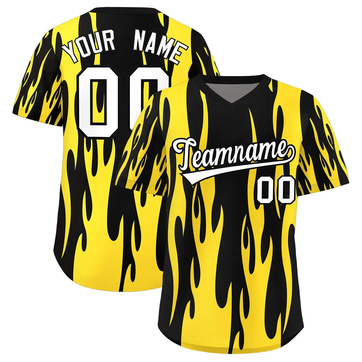 Black Gold Flame Pattern Pullover Baseball Jersey