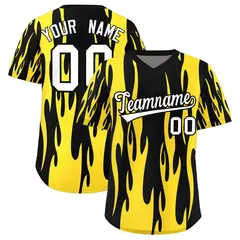 Black Gold Flame Pattern Pullover Baseball Jersey