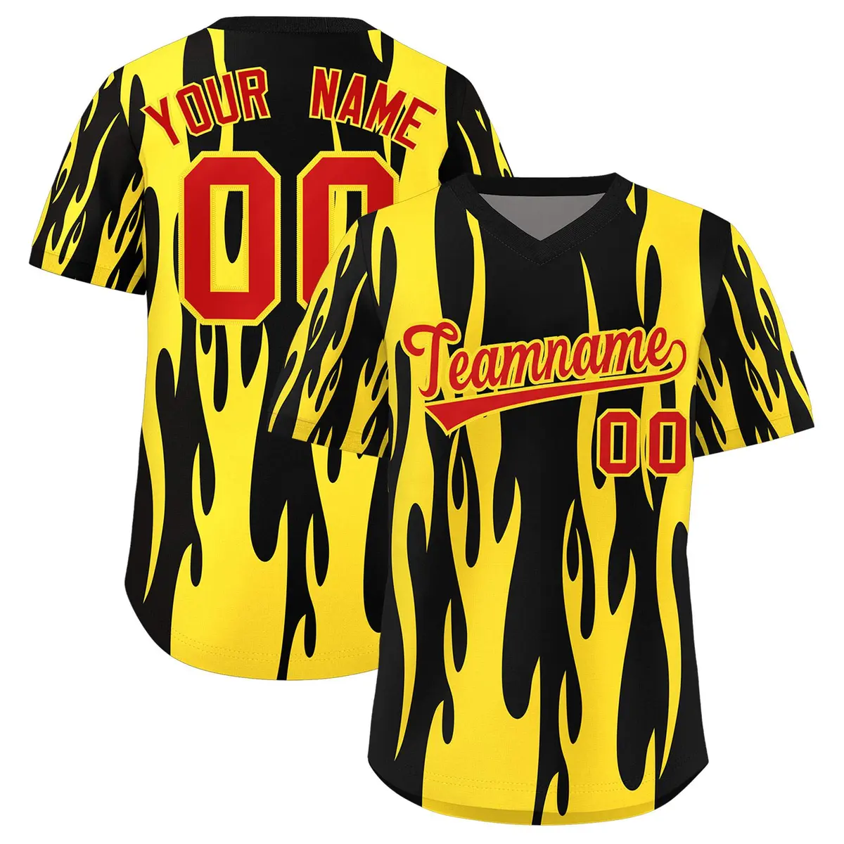 Black Gold Flame Pattern Pullover Baseball Jersey