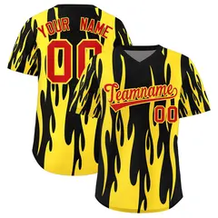 Black Gold Flame Pattern Pullover Baseball Jersey 1