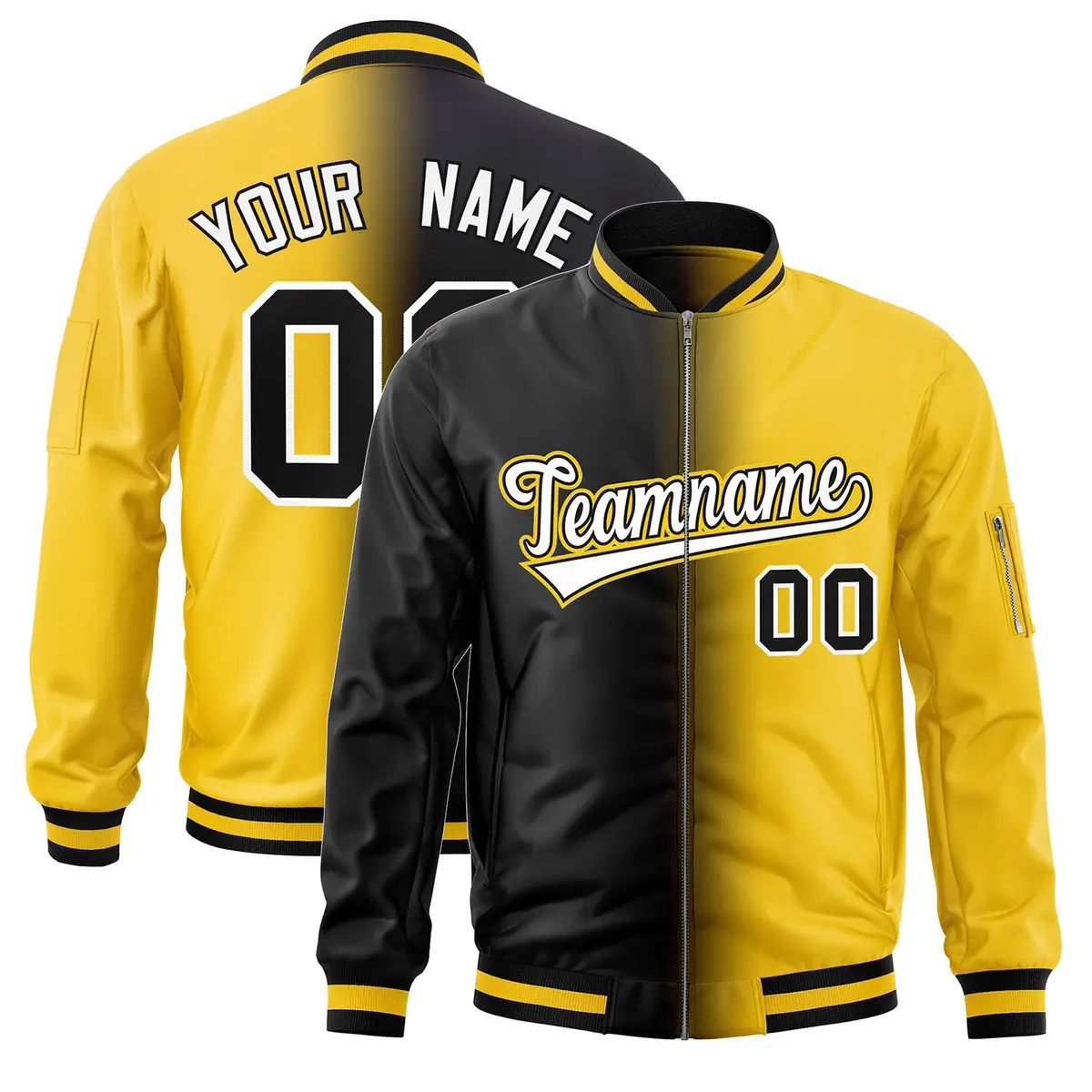 Black Gold Gradient Full-Zip Fashion Letterman Bomber Jacket