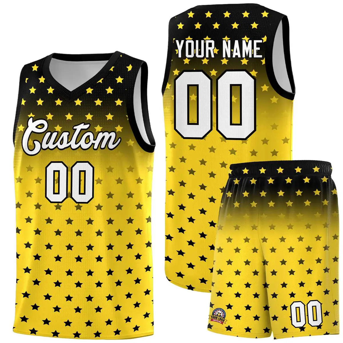 Black Gold Gradient Star Pattern Basketball Jersey Sets