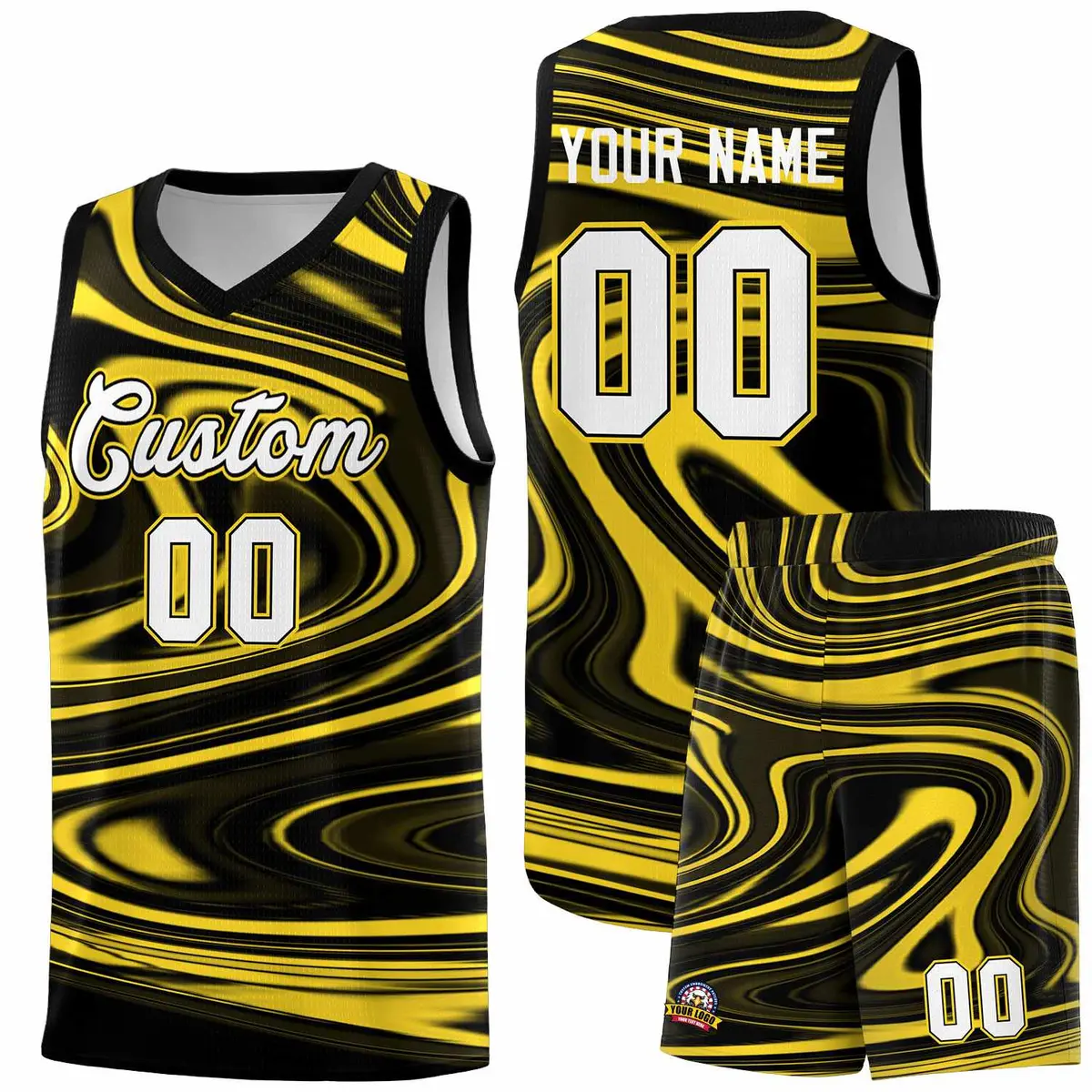 Black Gold Graffiti Fluids Basketball Uniform Jersey Sets