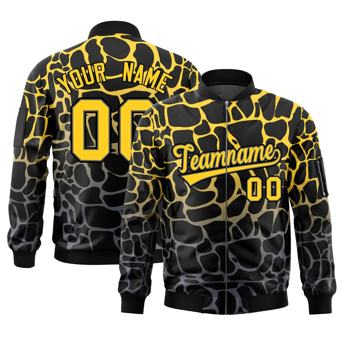 Black Gold-Gray Spotted Full-Zip Letterman Bomber Jacket