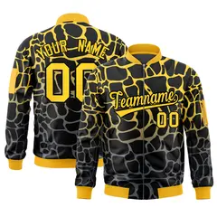 Black Gold-Gray Spotted Full-Zip Letterman Bomber Jacket