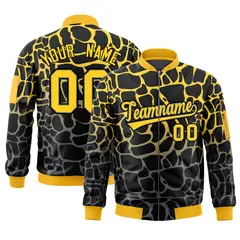 Black Gold-Gray Spotted Full-Zip Letterman Bomber Jacket