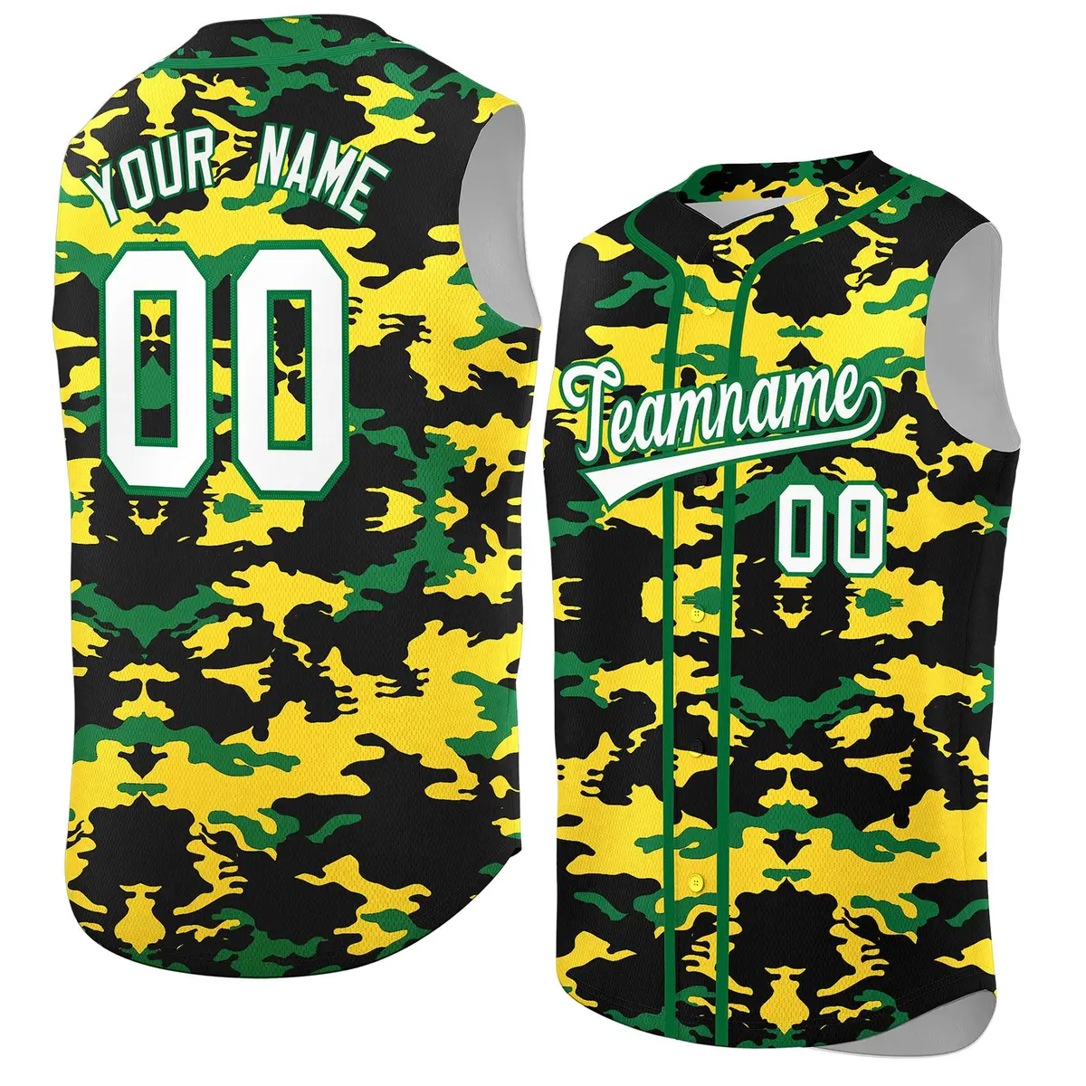 Black Gold Kelly Green Camo Sleeveless Baseball Jersey