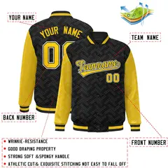 Black Gold L Pattern Raglan Full-Snap Varsity Letterman Jacket 2