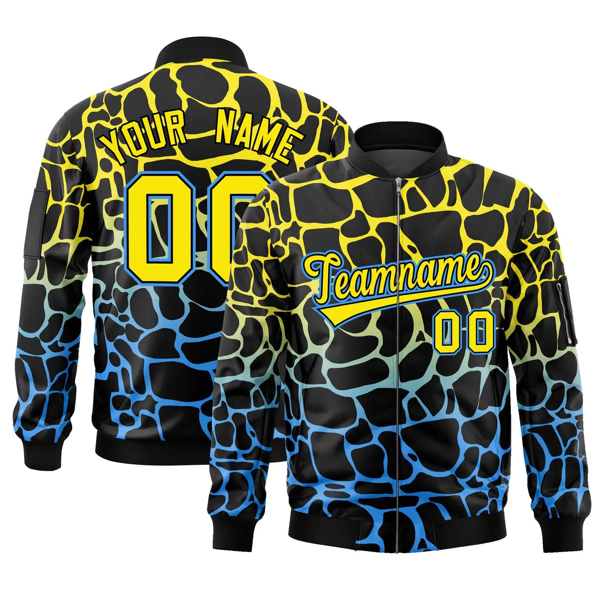 Black Gold-Light Blue Spotted Varsity Full-Zip Letterman Bomber Jacket