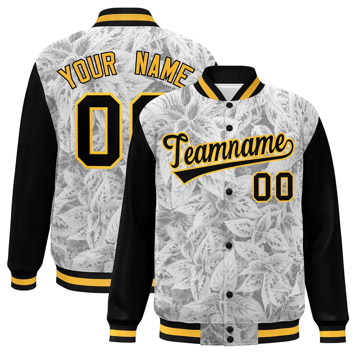 Black Gold Maple Leaf Graffiti Raglan Bomber Varsity Jacket