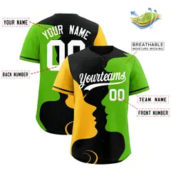 Black Gold Neon Green Couple Silhouettes Valentine's Baseball Jersey 3