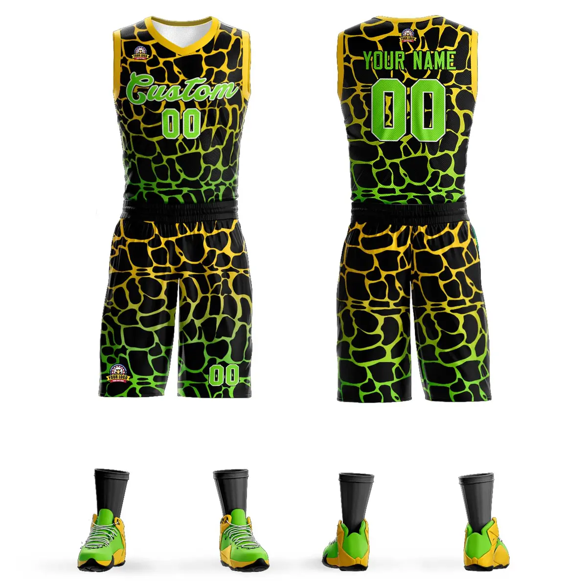Black Gold-Neon Green Spotted Graffiti Basketball Jersey