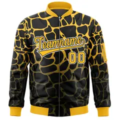 Black Gold-Olive Spotted Full-Zip Letterman Bomber Jacket 3