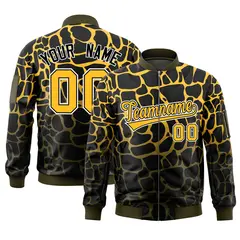 Black Gold-Olive Spotted Full-Zip Letterman Bomber Jacket
