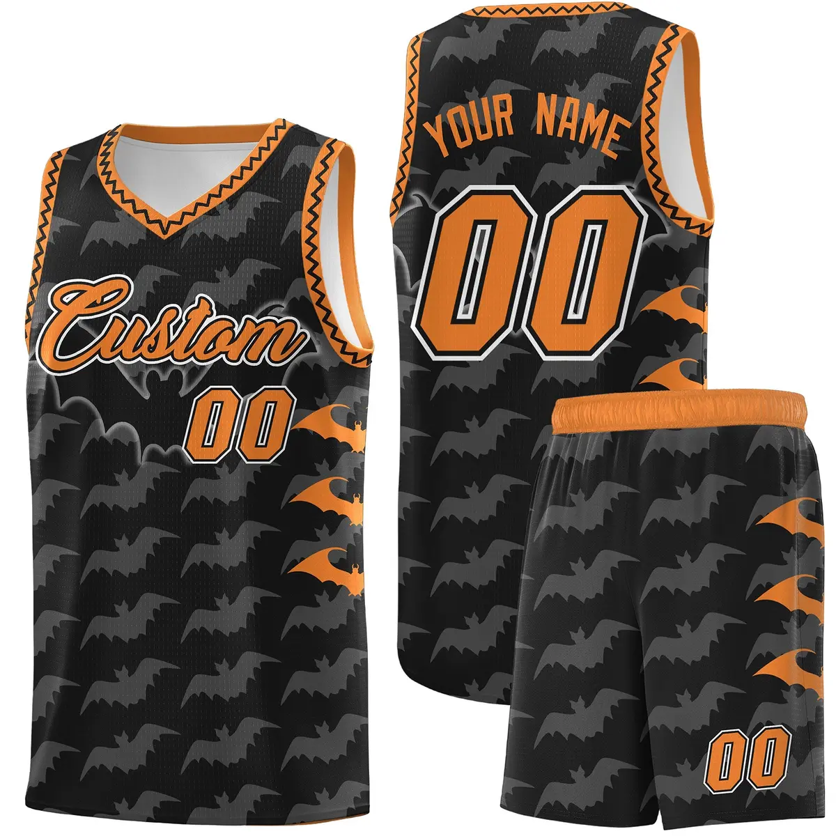 Black Gold Orange Bat Pattern Halloween Basketball Jersey