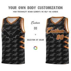 Black Gold Orange Bat Pattern Halloween Basketball Jersey 3