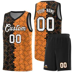 Black Gold Orange Puzzle Pattern Splid Basketball Kits 1