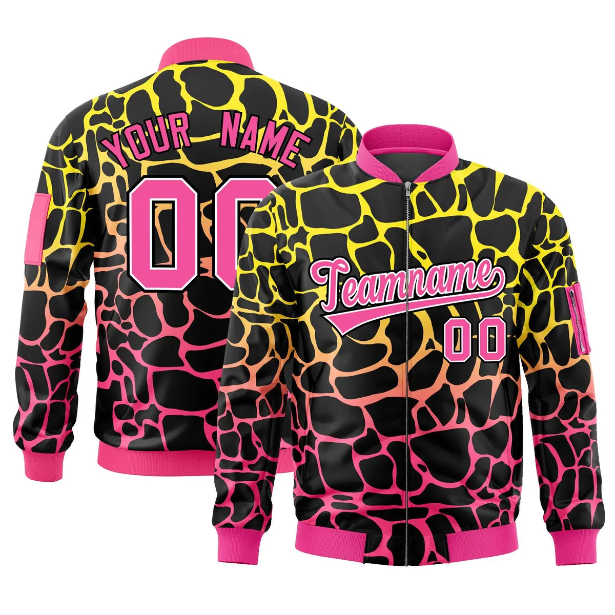 Black Gold-Pink Spotted Full-Zip Letterman Bomber Jacket
