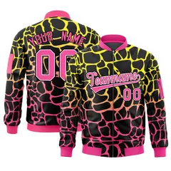 Black Gold-Pink Spotted Full-Zip Letterman Bomber Jacket