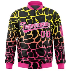 Black Gold-Pink Spotted Full-Zip Letterman Bomber Jacket 3