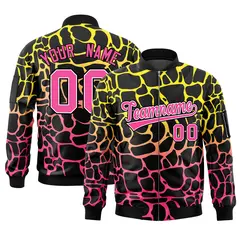 Black Gold-Pink Spotted Full-Zip Letterman Bomber Jacket