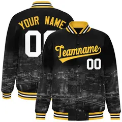 Black Gold Pittsburgh City Skyline Varsity Full-Snap Jacket