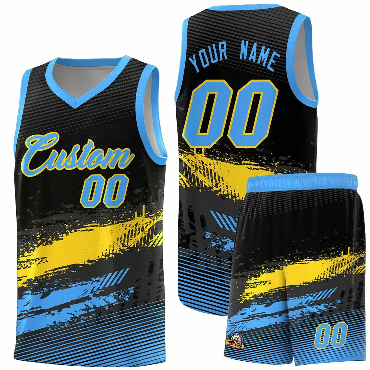 Black Gold Powder Blue Graffiti Pattern Basketball Jersey