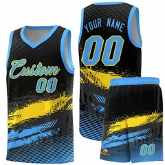 Black Gold Powder Blue Graffiti Pattern Basketball Jersey 1