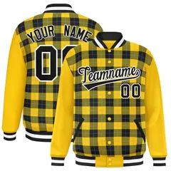 Black Gold-Powder Blue Plaid Varsity Full-Snap Letterman Baseball Jacket