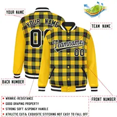 Black Gold-Powder Blue Plaid Varsity Full-Snap Letterman Baseball Jacket 2