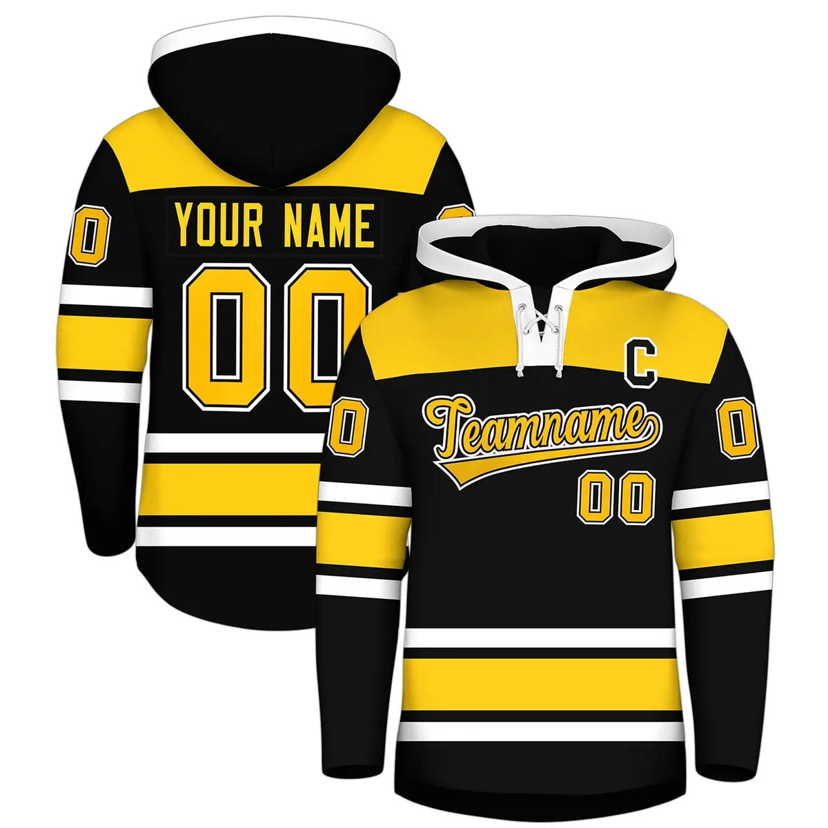 Black Gold Raglan Lace-Up Neck Hockey Hoodie Jersey