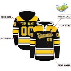 Black Gold Raglan Lace-Up Neck Hockey Hoodie Jersey 2