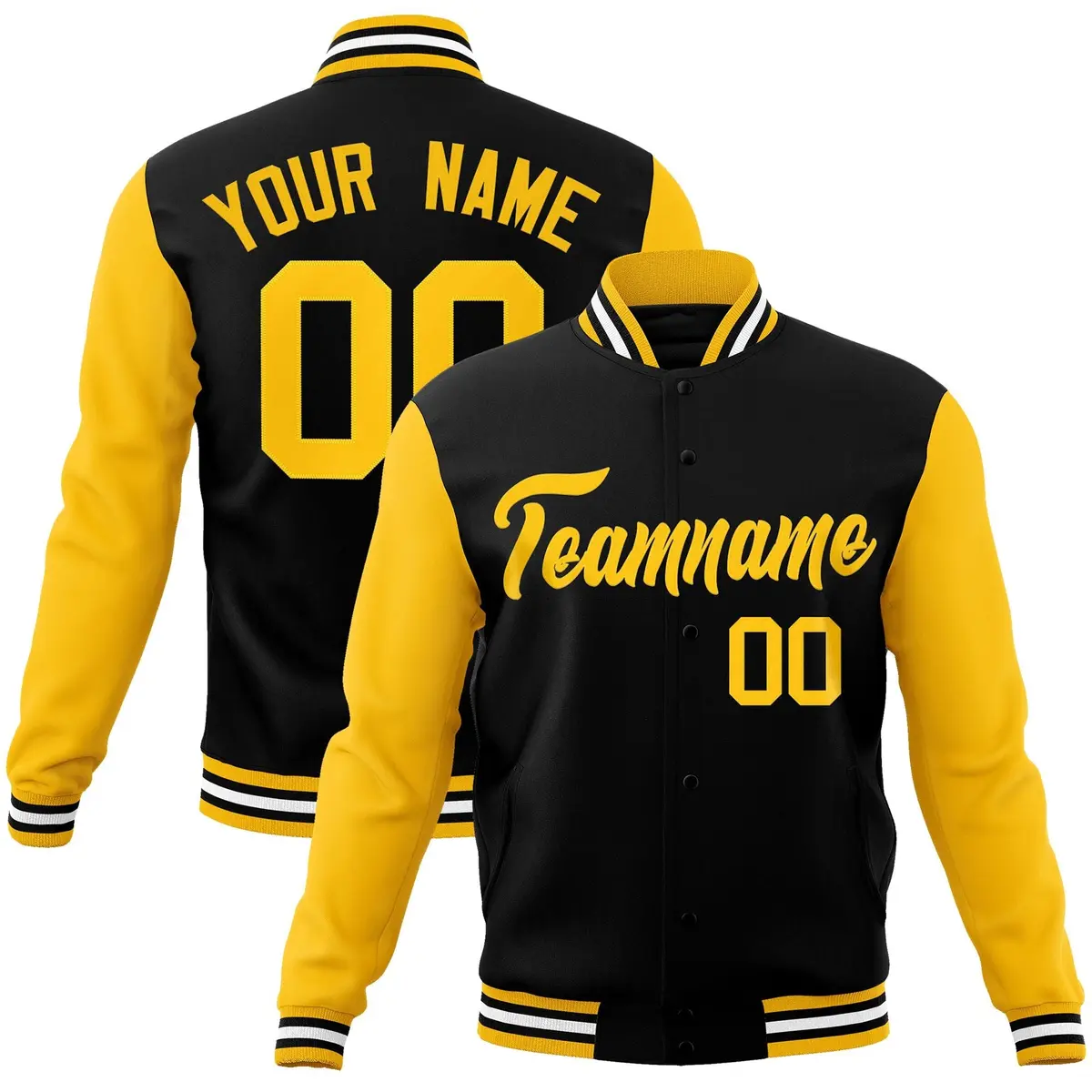Black Gold Raglan Sleeves Full-Snap Varsity Letterman Jacket
