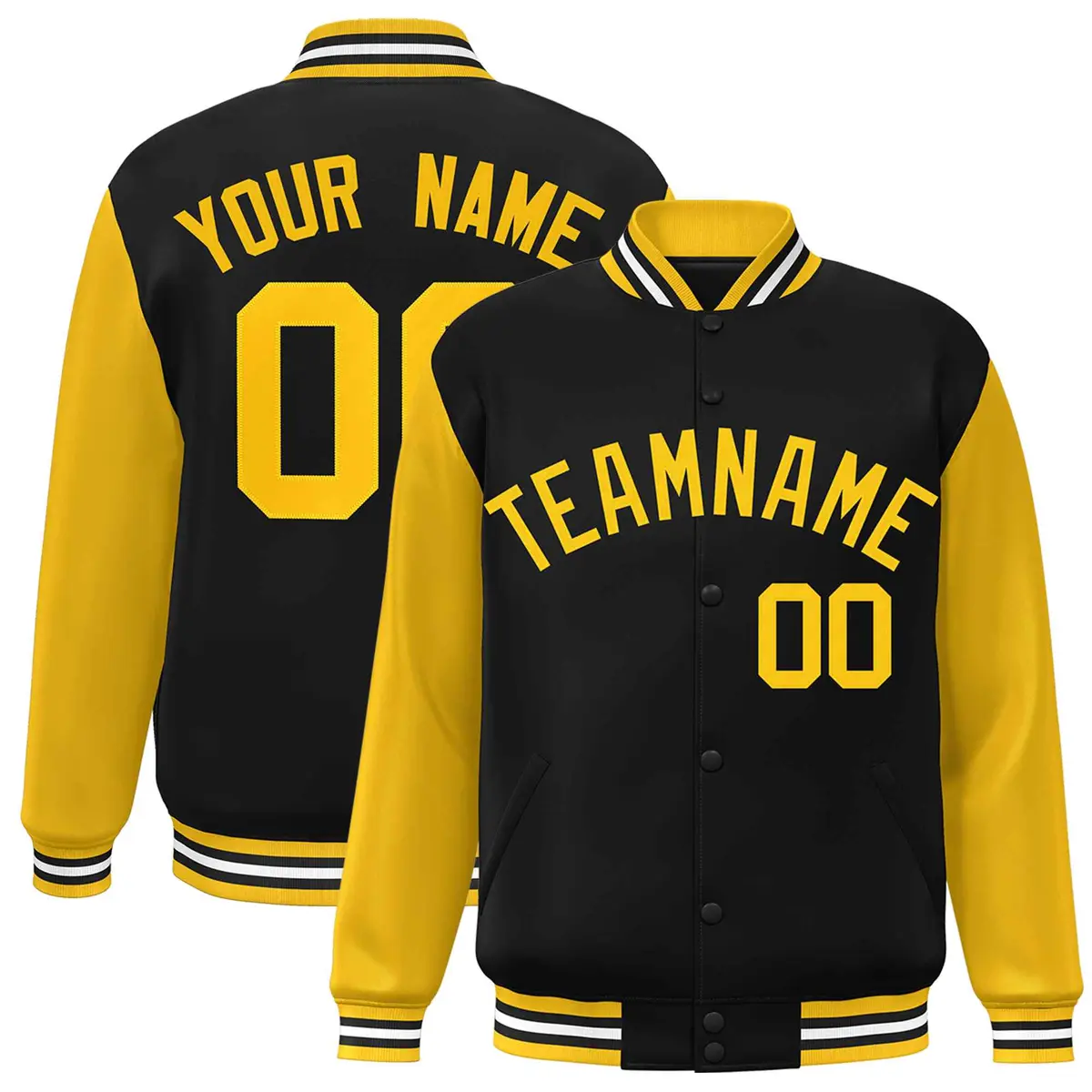 Black Gold Raglan Sleeves Varsity Full-Snap Letterman Jacket