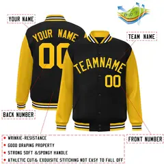 Black Gold Raglan Sleeves Varsity Full-Snap Letterman Jacket 2