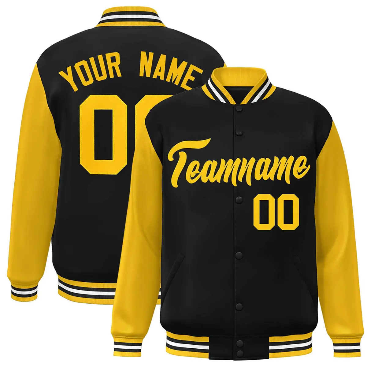 Black Gold Raglan Sleeves Varsity Full-Snap Letterman Jacket