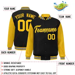 Black Gold Raglan Sleeves Varsity Full-Snap Letterman Jacket 2