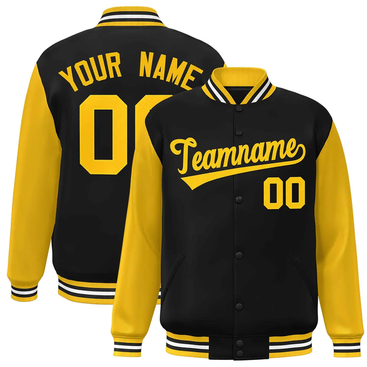 Black Gold Raglan Sleeves Varsity Full-Snap Letterman Jacket