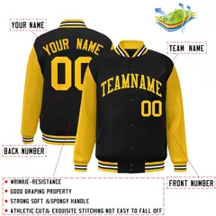 Black Gold Raglan Sleeves Varsity Full-Snap Letterman Jacket 2