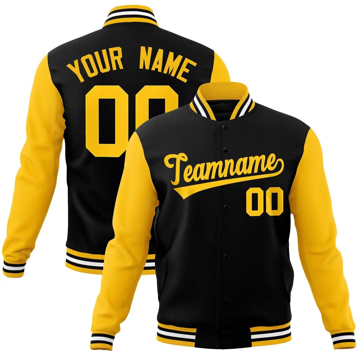 Black Gold Raglan Sleeves Varsity Full-Snap Letterman Jacket