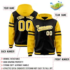Black Gold Raglan Three Stripes Varsity Letterman Jacket Hoodie 4