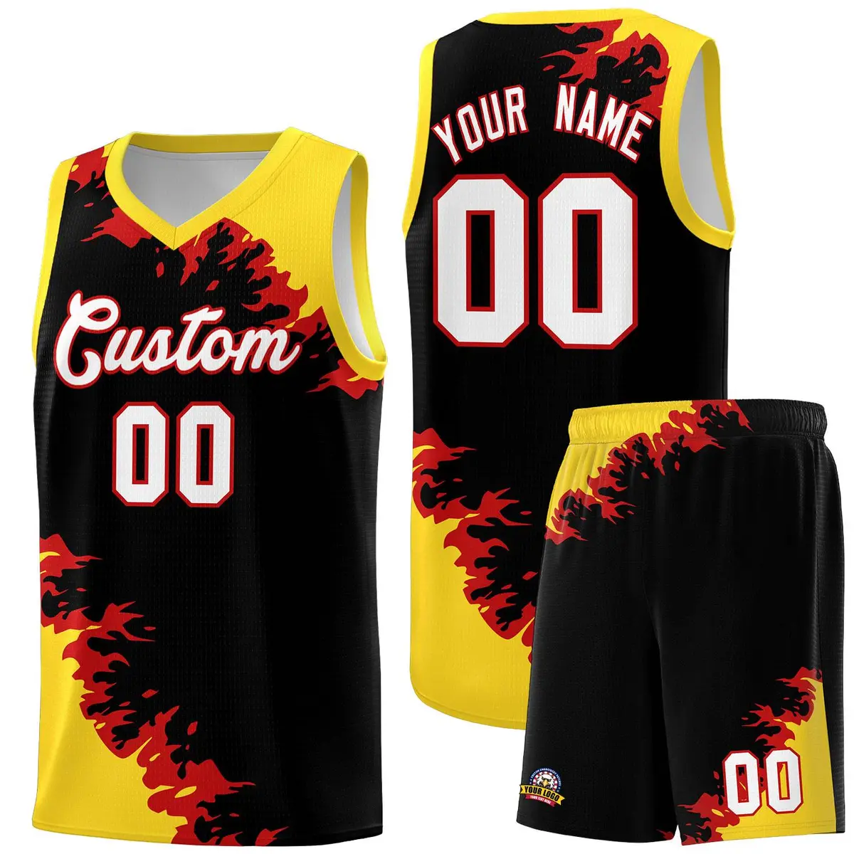 Black Gold-Red Sparkle Print Pattern Basketball Kits