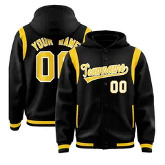 Black Gold Shoulder Color Block Full-Snap Letterman Hoodie