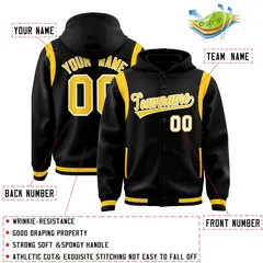 Black Gold Shoulder Color Block Full-Snap Letterman Hoodie 4