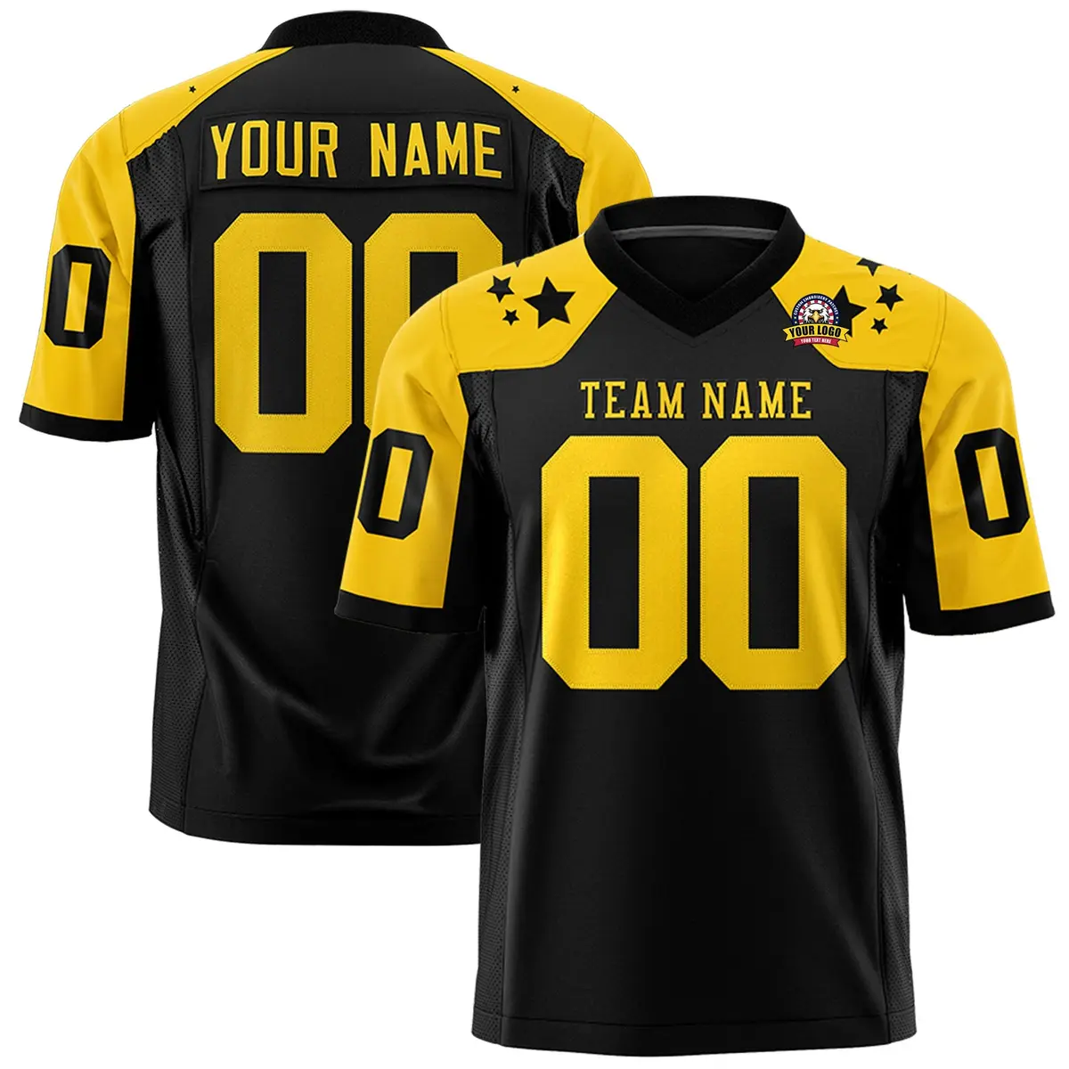 Black Gold Shoulder Star Pattern Flag Football Jersey