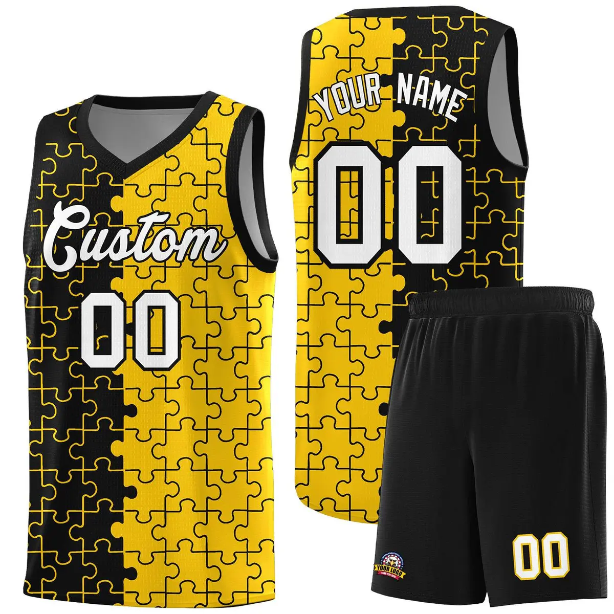 Black Gold Splid Puzzle Pattern Basketball Kits